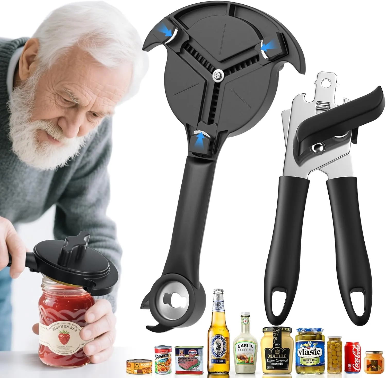 Heavy Duty 2pcs Jar Lid Opener & Can Opener 9 in 1, Non-Slip Grip for Seniors, Kitchen Tools Effortless Multi for Weak Hands & Metal Smooth Edge,Open Any Size Jar & Bottle
