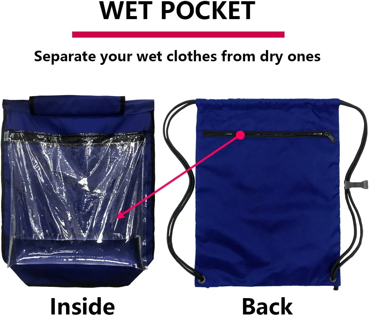 HOLYLUCK Packable Drawstring Sackpack Wet Pocket with Zipper and Water Bottle Mesh Pockets (Blue)
