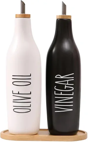 HOMCDALY Olive Oil and Vinegar Dispenser Set, 16oz Ceramic Oil Dispenser for Kitchen, Kitchen Dispenser Bottle for EVOO Vinegar Syrups, Modern Farmhouse Design| Set of 2 – P-Black&White