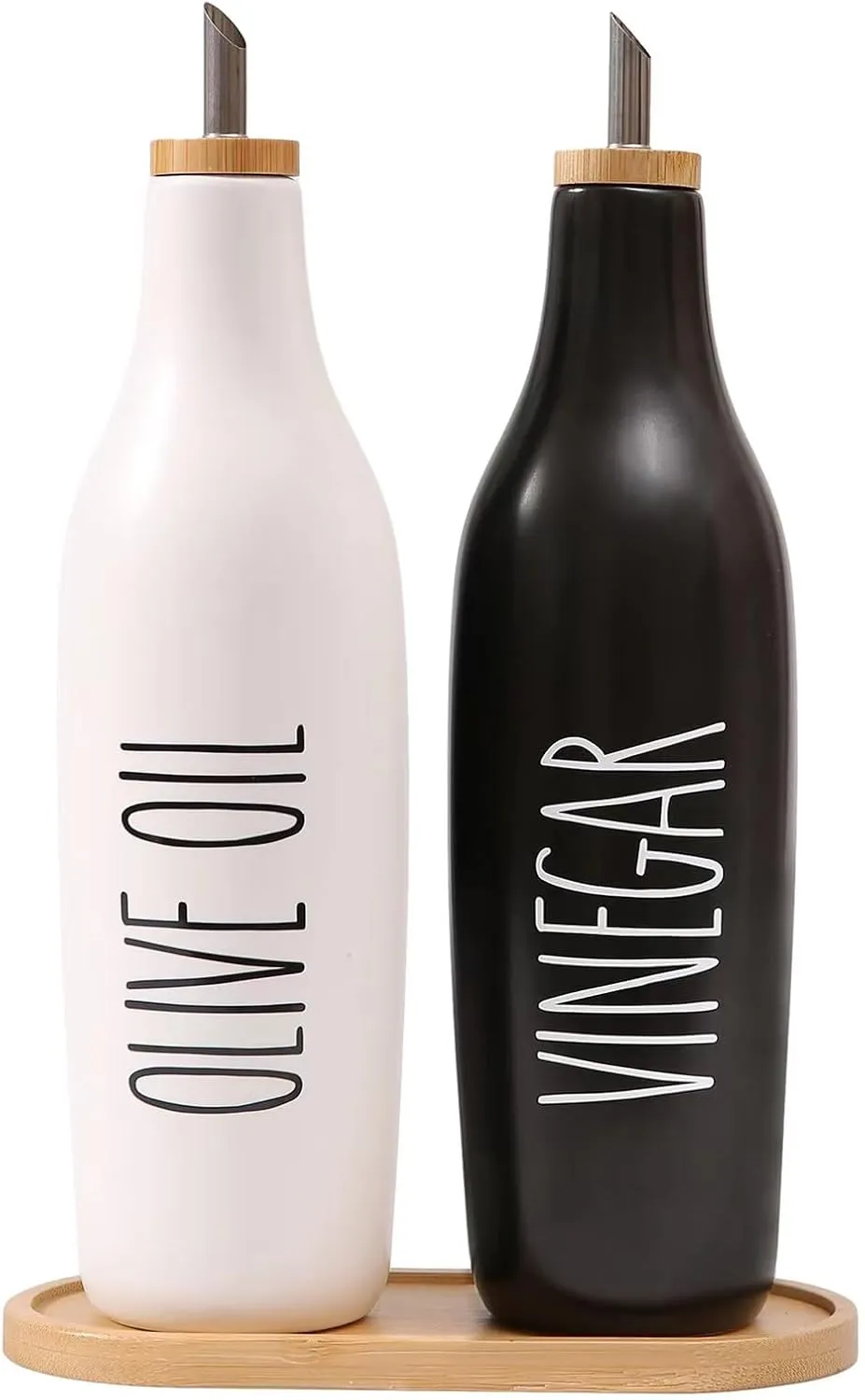 HOMCDALY Olive Oil and Vinegar Dispenser Set, 16oz Ceramic Oil Dispenser for Kitchen, Kitchen Dispenser Bottle for EVOO Vinegar Syrups, Modern Farmhouse Design| Set of 2 – P-Black&White
