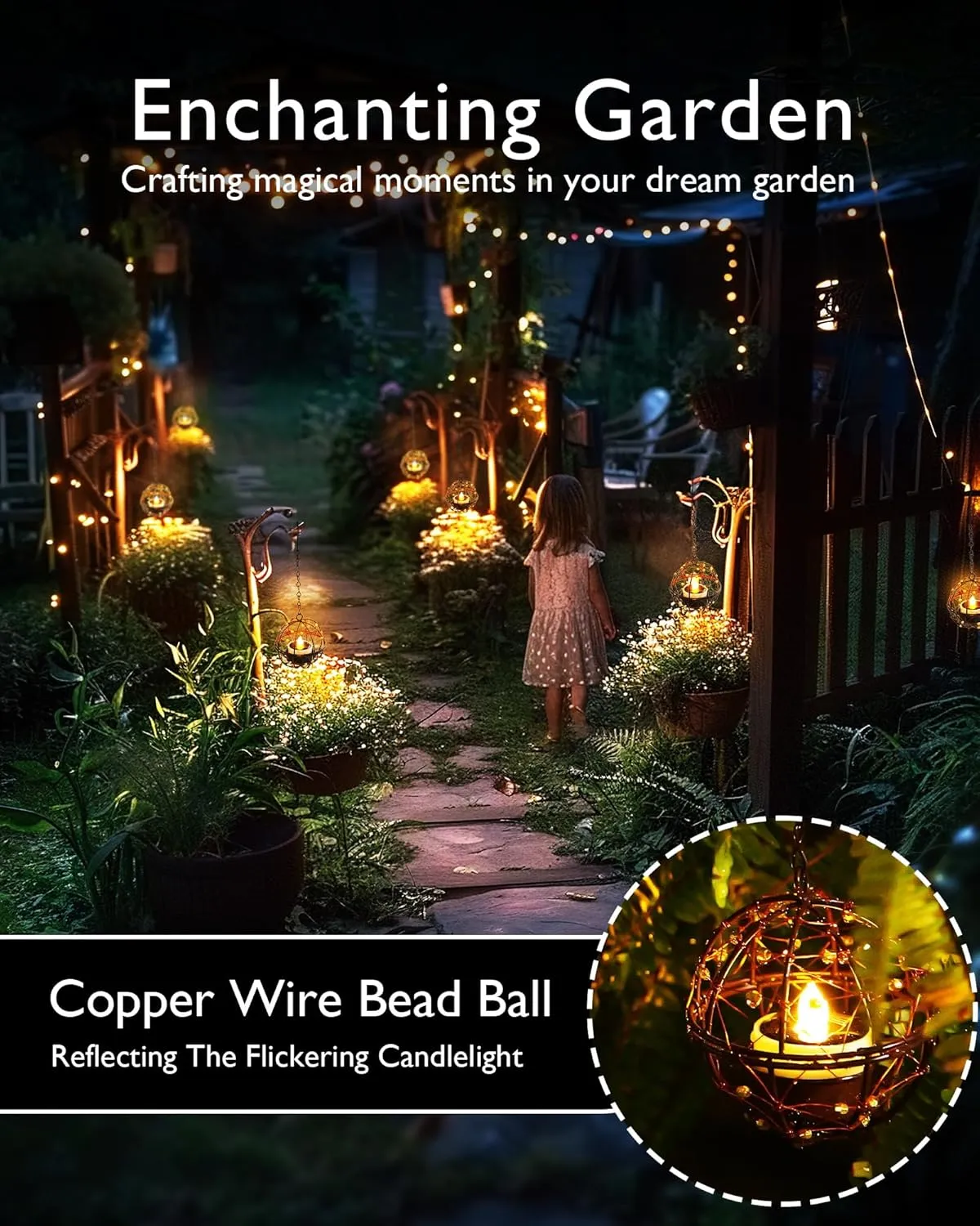 Homemory Solar Tea Lights Outdoor Waterproof Hanging Lanterns, Beaded Copper Wire Ball Holders with Solar Powered Tea Lights Candles, Ideal for Patio, Garden, Backyard, Pergola, Tree, Fence, 4-Pack