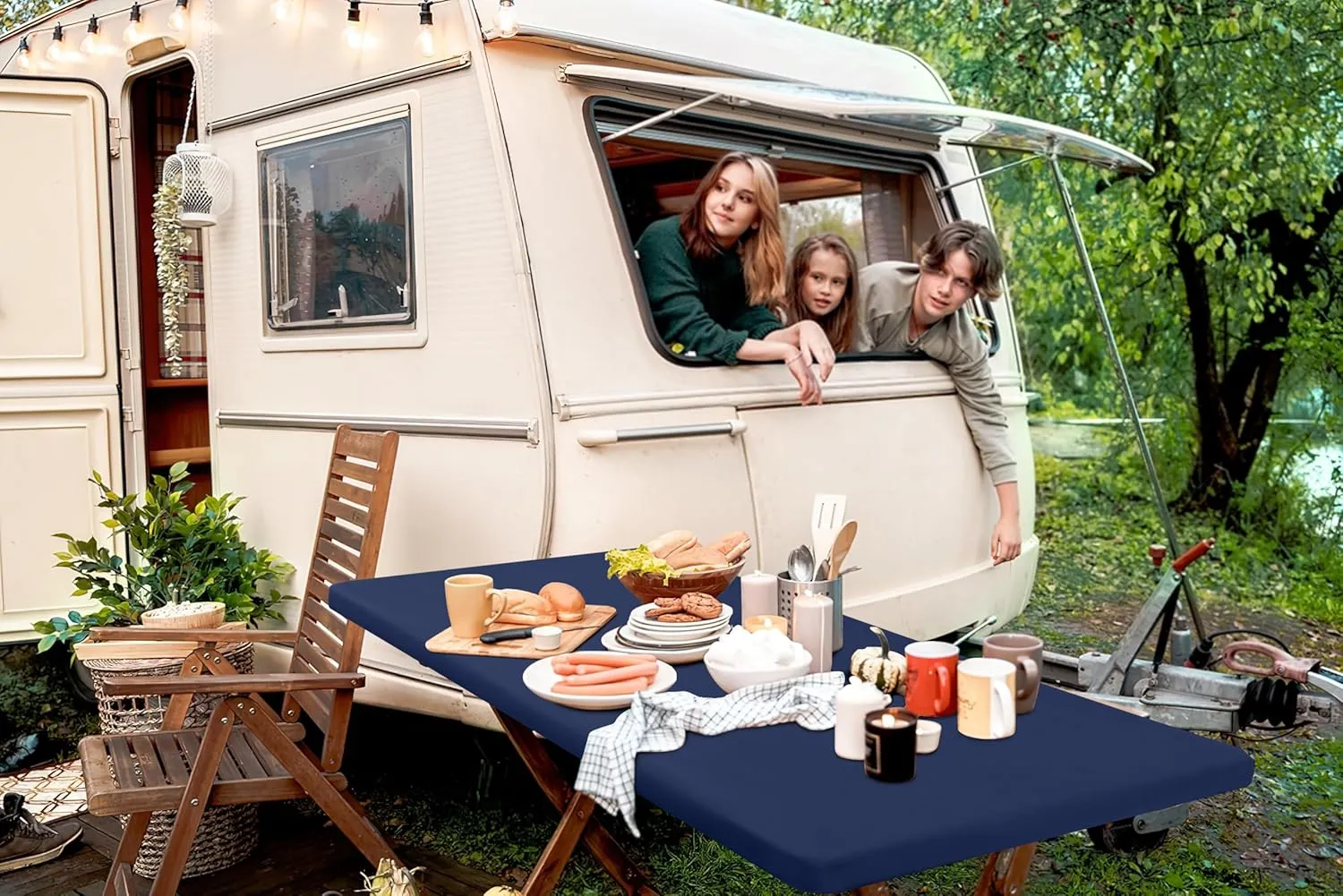 homing 2 Pack Rectangle Fully Waterproof Tablecloth, Elastic Fitted Fabric Table Cover for 6 Foot Tables, Washable Polyester Table Cloth for Picnic, Camping, Outdoor (Navy, 30" x 72")