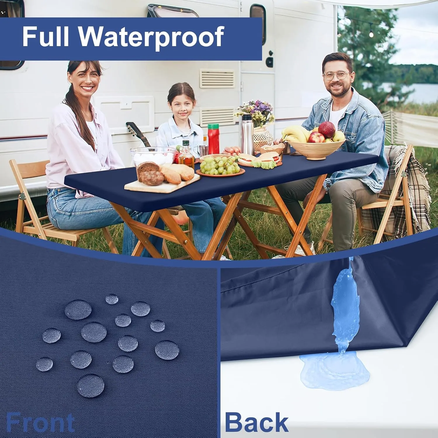 homing 2 Pack Rectangle Fully Waterproof Tablecloth, Elastic Fitted Fabric Table Cover for 6 Foot Tables, Washable Polyester Table Cloth for Picnic, Camping, Outdoor (Navy, 30" x 72")