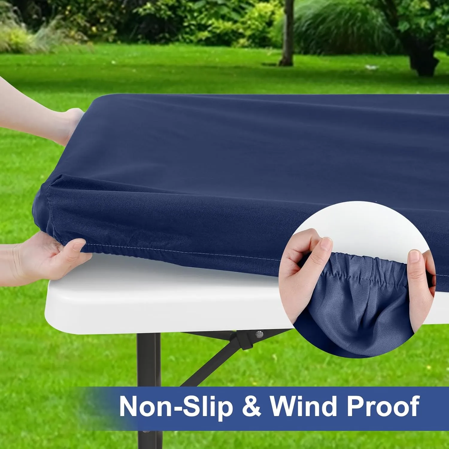 homing 2 Pack Rectangle Fully Waterproof Tablecloth, Elastic Fitted Fabric Table Cover for 6 Foot Tables, Washable Polyester Table Cloth for Picnic, Camping, Outdoor (Navy, 30" x 72")