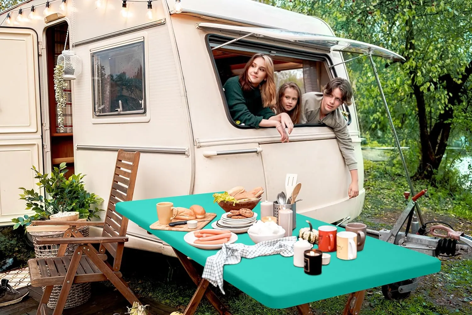 homing 2 Pack Rectangle Fully Waterproof Tablecloth, Elastic Fitted Fabric Table Cover for 6 Foot Tables, Washable Polyester Table Cloth for Picnic, Camping, Outdoor (Teal, 30" x 72")