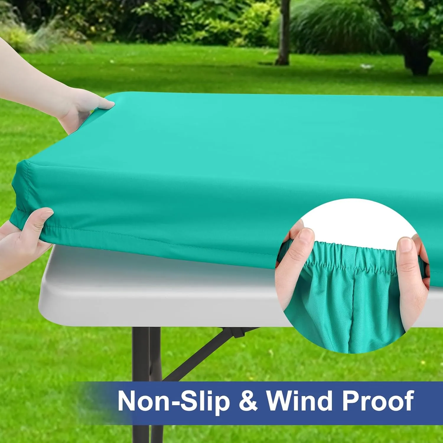 homing 2 Pack Rectangle Fully Waterproof Tablecloth, Elastic Fitted Fabric Table Cover for 6 Foot Tables, Washable Polyester Table Cloth for Picnic, Camping, Outdoor (Teal, 30" x 72")