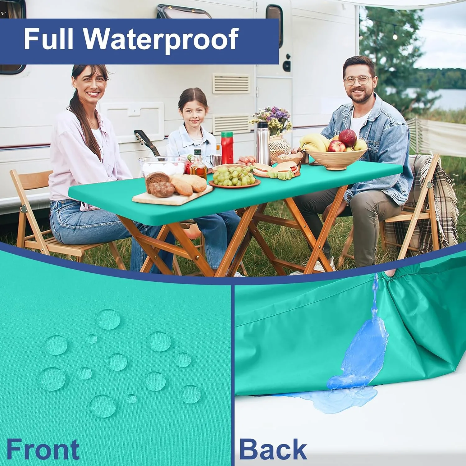 homing 2 Pack Rectangle Fully Waterproof Tablecloth, Elastic Fitted Fabric Table Cover for 6 Foot Tables, Washable Polyester Table Cloth for Picnic, Camping, Outdoor (Teal, 30" x 72")