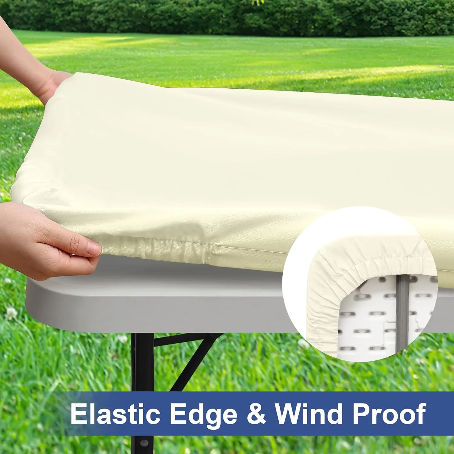 homing 2 Pack Rectangle Table Cloth, Elastic Fitted Fabric Tablecloth Fits for 8 Foot Folding Tables, Washable Table Cover for Picnic, Camping, Indoor & Outdoor (Cream Yellow, 30" x 96")