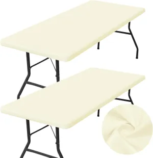 homing 2 Pack Rectangle Table Cloth, Elastic Fitted Fabric Tablecloth Fits for 8 Foot Folding Tables, Washable Table Cover for Picnic, Camping, Indoor & Outdoor (Cream Yellow, 30" x 96")