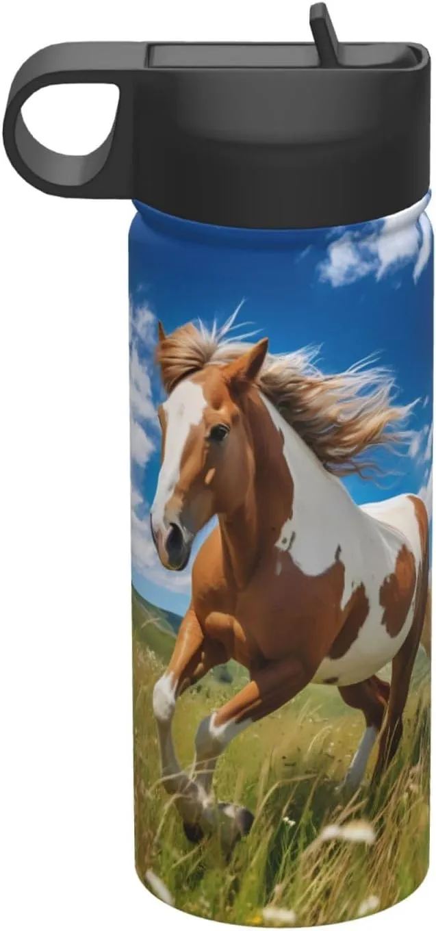 Horses on the Prairie Travel Insulated Water Bottle (18 oz) for Camping Fitness Outdoor Hiking, Stainless Steel Casual Straw Bottle,