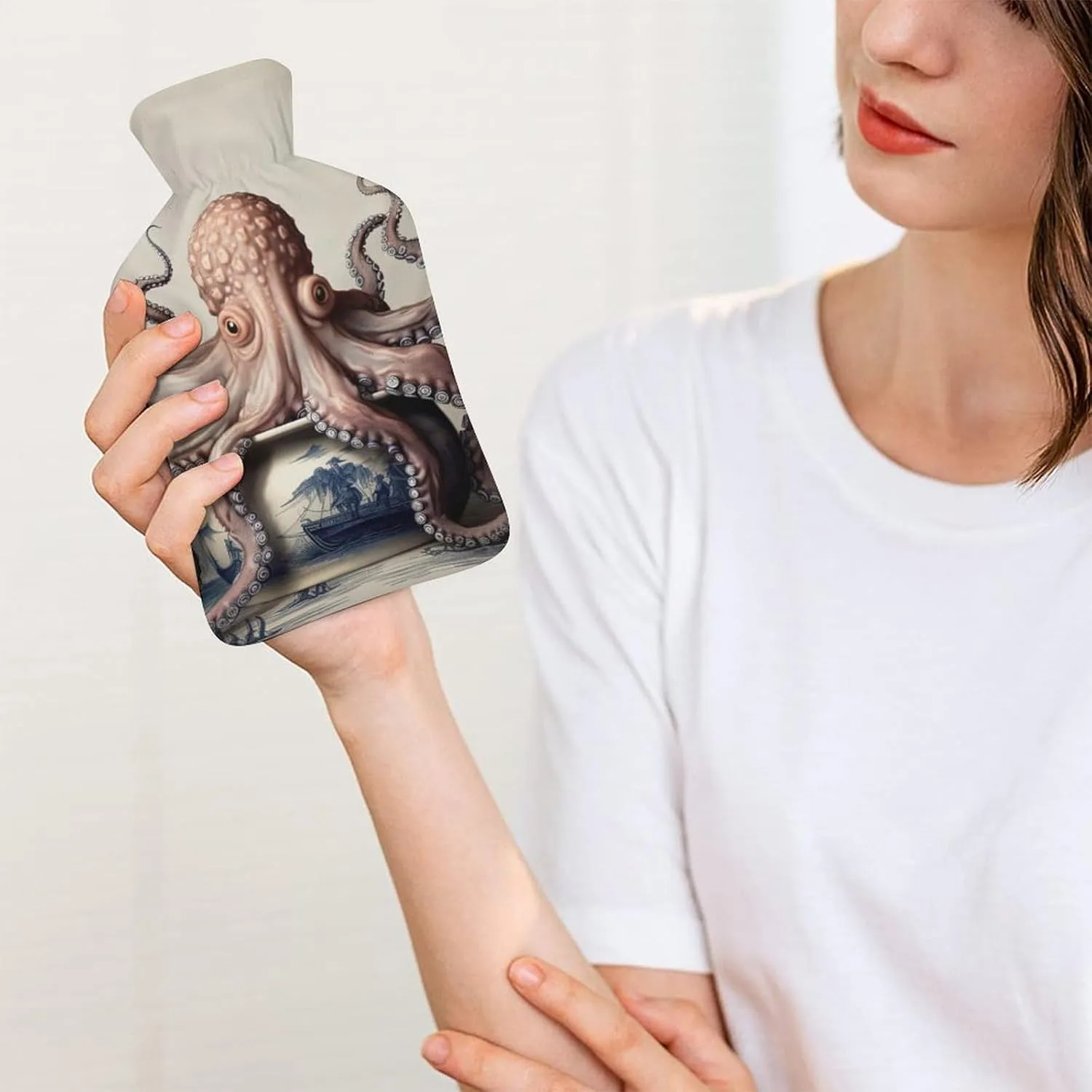 Hot Water Bottle with Soft Cover, Giant Octopus 1L Warm Water Bag for Menstrual Cramps, Octopus Neck and Shoulder Pain Relief, Ideal for Hand & Feet Warmer for Kids, Men & Women, Hot & Cold Compress
