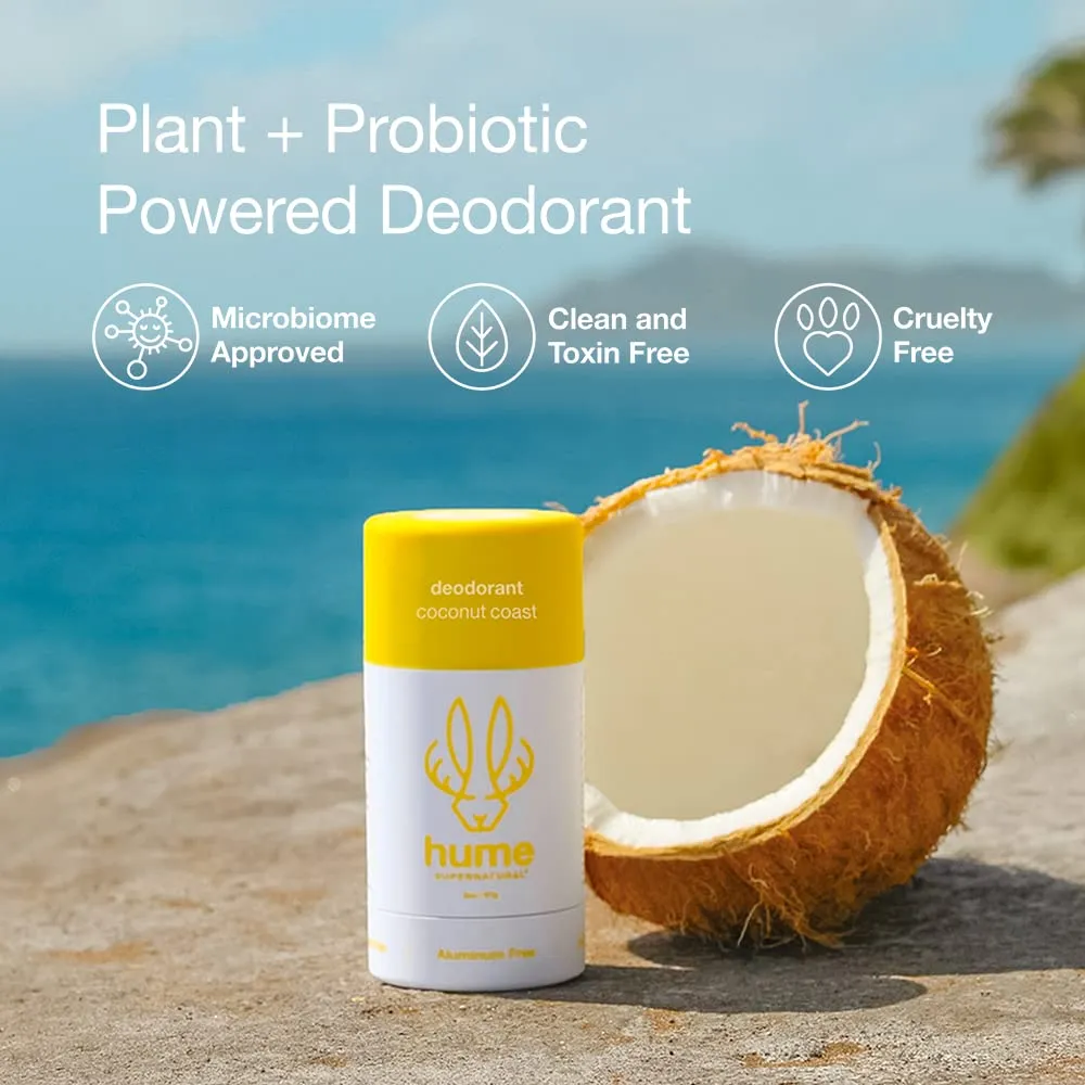 Hume Supernatural Aluminum Free Deodorant for Women & Men - Safe for Sensitive Skin - Probiotic, Plant-Based, Baking Soda Free, Aloe, & Cactus Flower, Anti Sweat, Stain & Odor - Coconut Coast 2-Pack