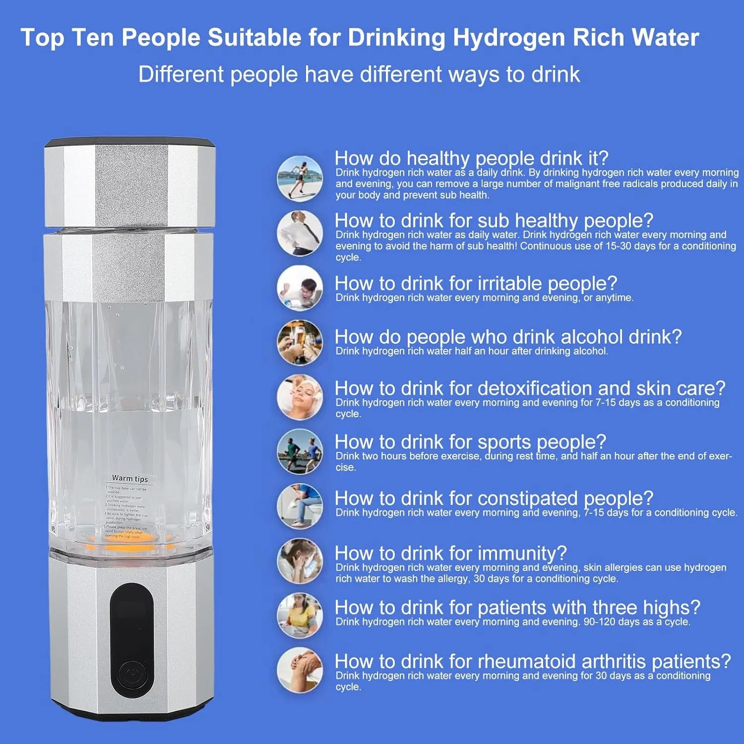 Hydrogen Rich Water Bottle, Colorful Lights PEM Technology 2 Gears Hydrogen Water Bottle Proton Film for Home (Silver)