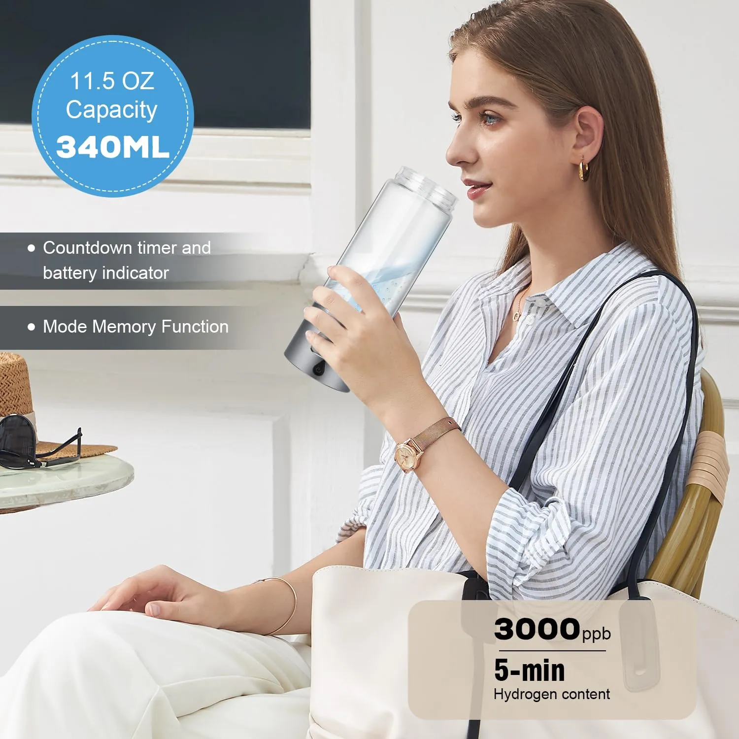 Hydrogen Water Bottle Generator with 4th Generation SPE/PEM Technology, Portable Hydrogen Water Ionizer Machine, Birthday,Xmas Gift for Husband,Wife,Lovers,Friends,Travel (Gray, 9.05in*Φ2.64in)