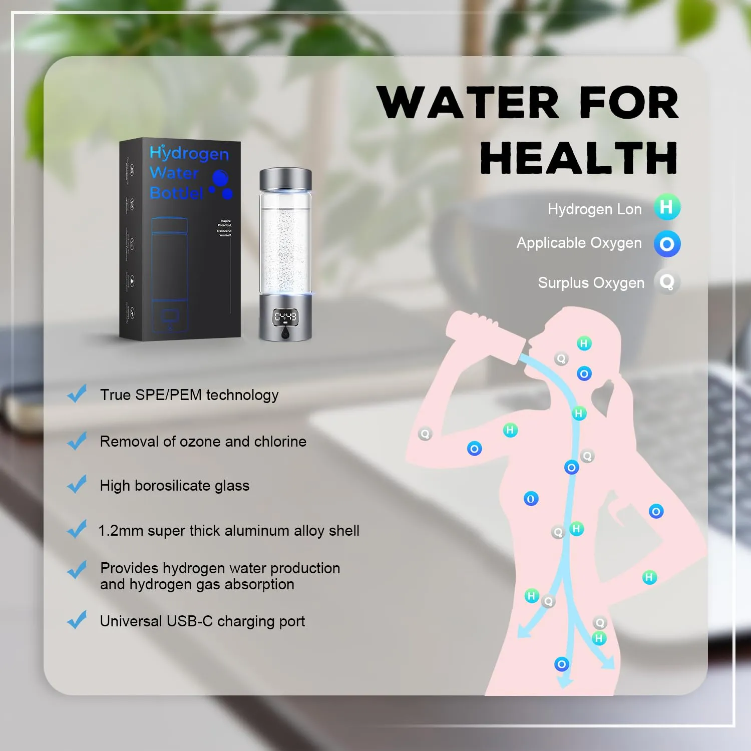 Hydrogen Water Bottle Generator with 4th Generation SPE/PEM Technology, Portable Hydrogen Water Ionizer Machine, Birthday,Xmas Gift for Husband,Wife,Lovers,Friends,Travel (Gray, 9.05in*Φ2.64in)