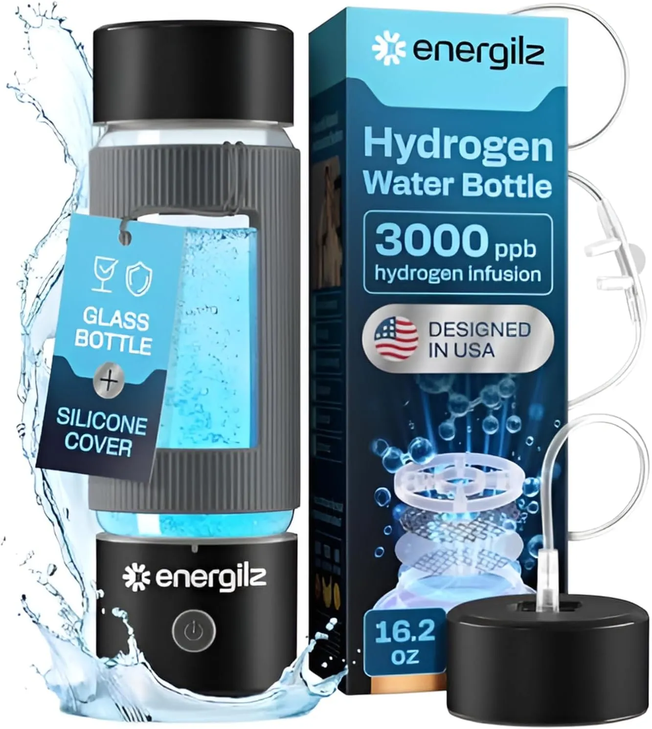 Hydrogen Water Bottle | Large 16.2 oz (480 ml) Hydrogen Water Bottle Generator 3000ppb | Hydrogenator Machine | SPE/PEM Hydrogenated Ionizer Generator (Black w/Gray)