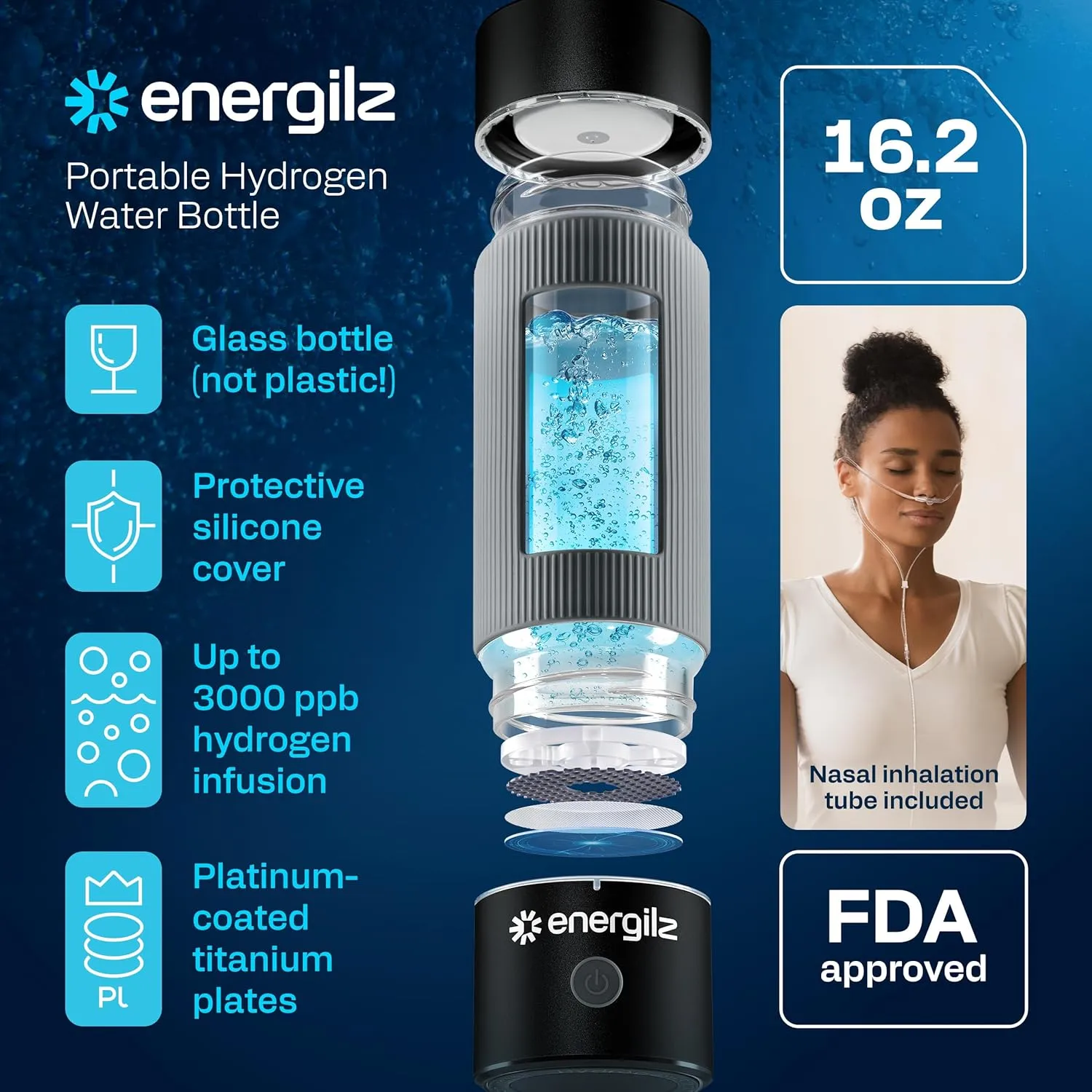 Hydrogen Water Bottle | Large 16.2 oz (480 ml) Hydrogen Water Bottle Generator 3000ppb | Hydrogenator Machine | SPE/PEM Hydrogenated Ionizer Generator (Black w/Gray)