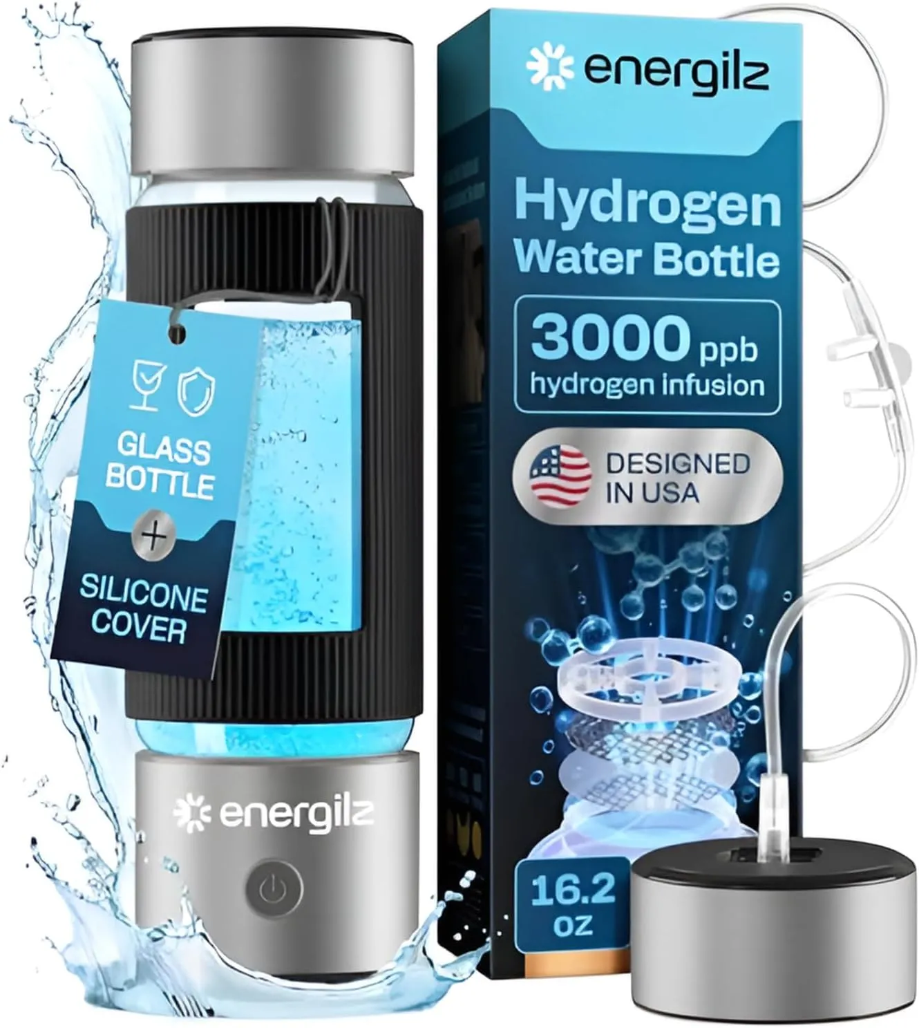 Hydrogen Water Bottle | Large 16.2 oz (480 ml) Hydrogen Water Bottle Generator 3000ppb | Hydrogenator Machine | SPE/PEM Hydrogenated Ionizer Generator (Steel w/Black)