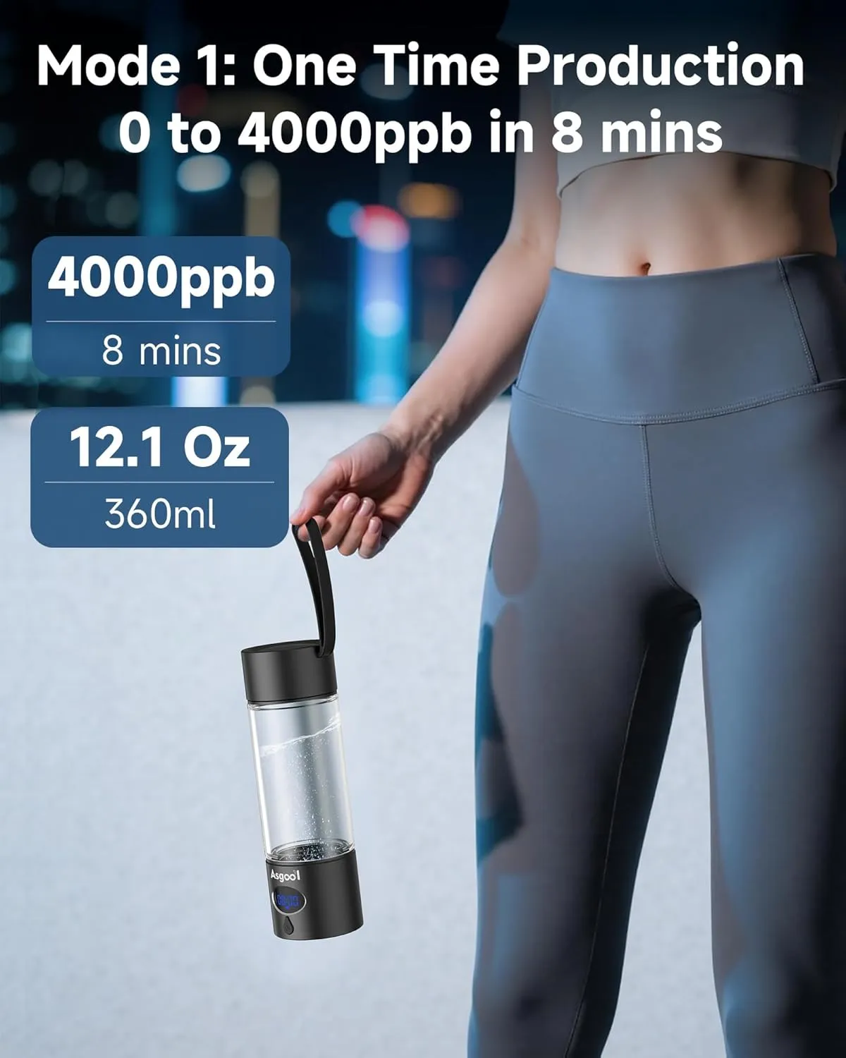 Hydrogen Water Bottle - Updated 8 Hours Cyclic Hydrogen Production, Self-Cleaning, Aluminum and Glass, 4000 PPB Hydrogen in 8 Minutes, for Family, Friend, for Office, Home, Outdoor (Black, 360ml)