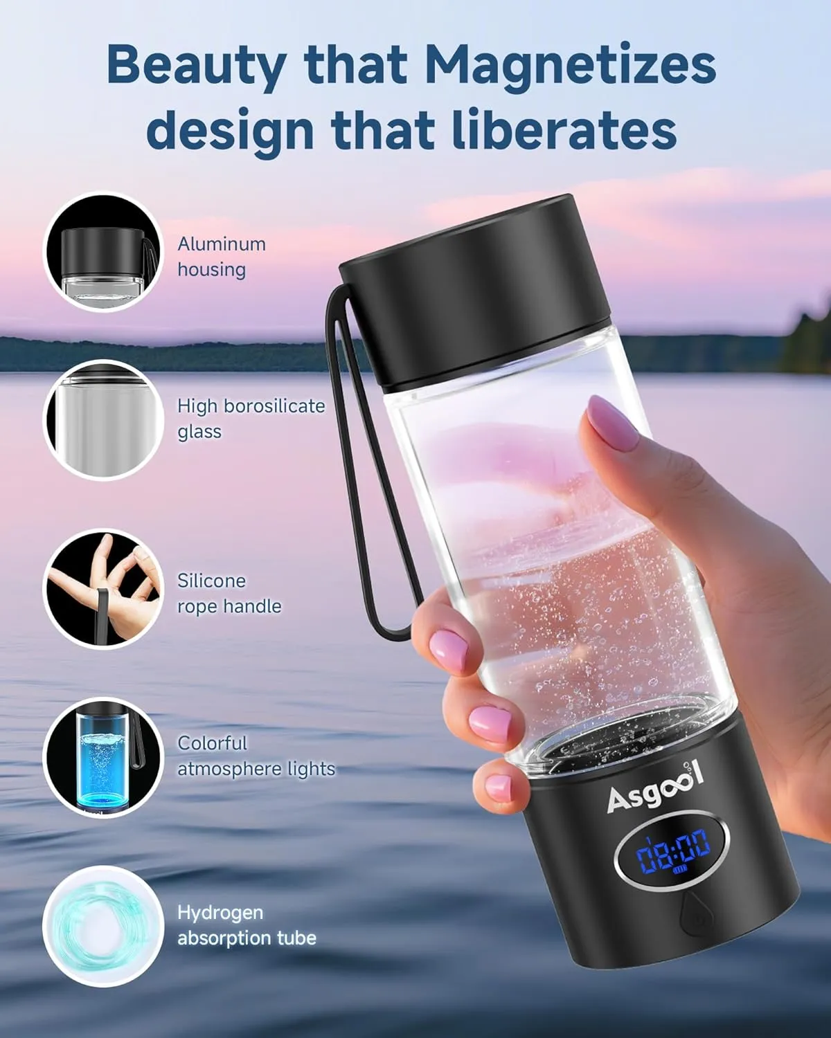 Hydrogen Water Bottle - Updated 8 Hours Cyclic Hydrogen Production, Self-Cleaning, Aluminum and Glass, 4000 PPB Hydrogen in 8 Minutes, for Family, Friend, for Office, Home, Outdoor (Black, 360ml)