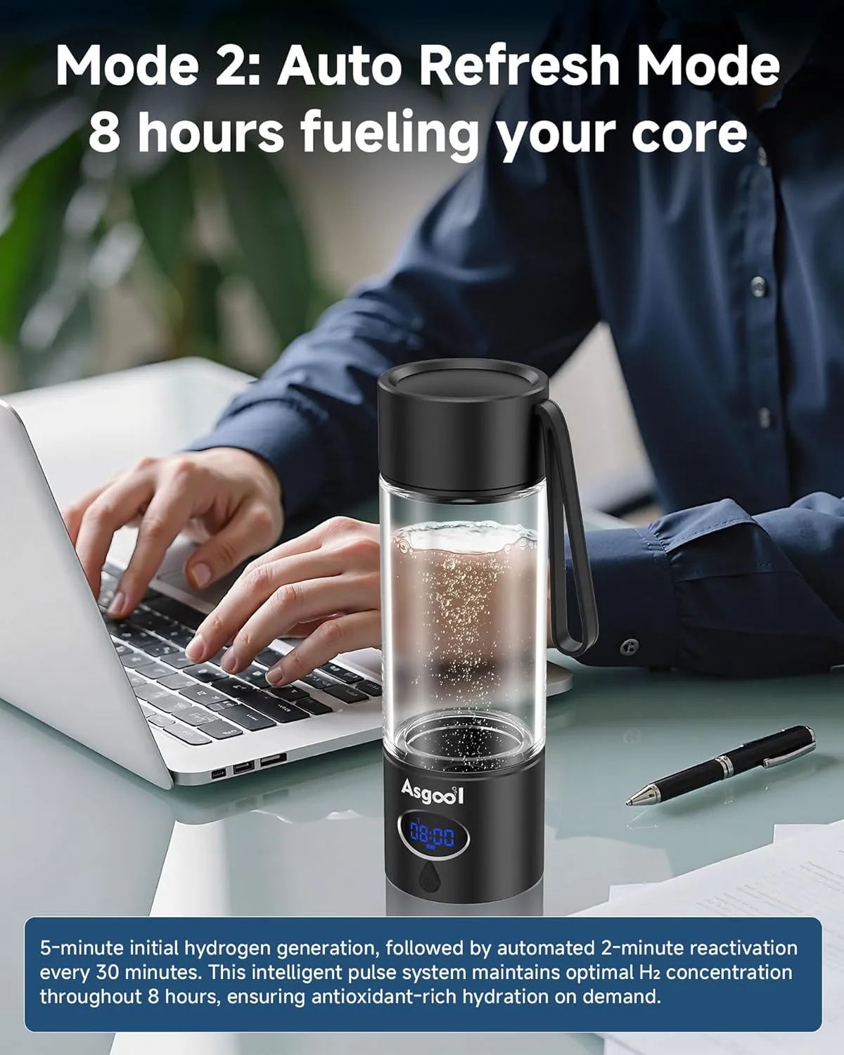 Hydrogen Water Bottle - Updated 8 Hours Cyclic Hydrogen Production, Self-Cleaning, Aluminum and Glass, 4000 PPB Hydrogen in 8 Minutes, for Family, Friend, for Office, Home, Outdoor (Black, 360ml)