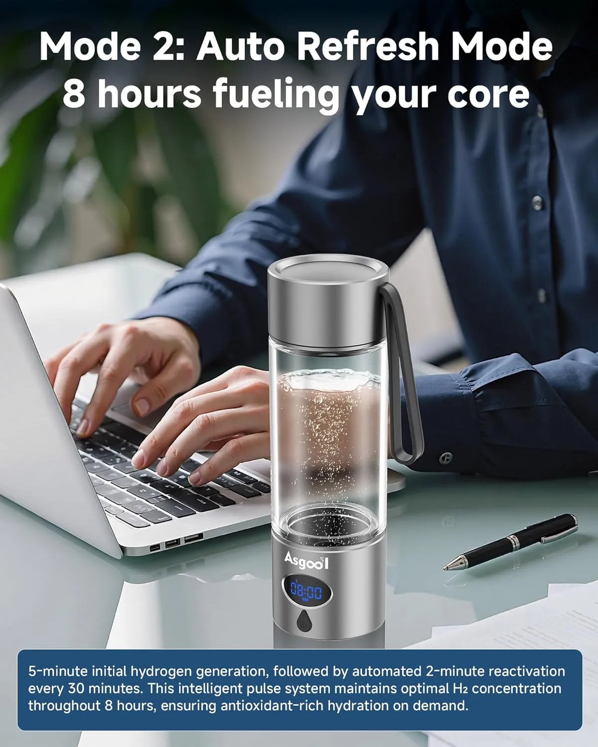 Hydrogen Water Bottle - Updated 8 Hours Cyclic Hydrogen Production, Self-Cleaning, Aluminum and Glass, 4000 PPB Hydrogen in 8 Minutes, for Family, Friend, for Office, Home, Outdoor (Grey, 360ml)