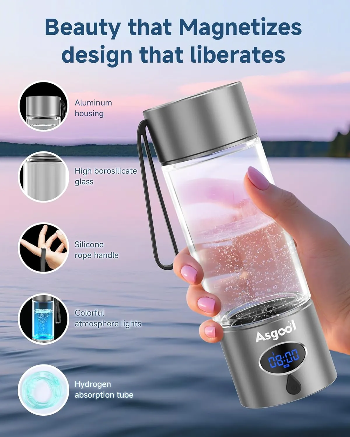 Hydrogen Water Bottle - Updated 8 Hours Cyclic Hydrogen Production, Self-Cleaning, Aluminum and Glass, 4000 PPB Hydrogen in 8 Minutes, for Family, Friend, for Office, Home, Outdoor (Grey, 360ml)
