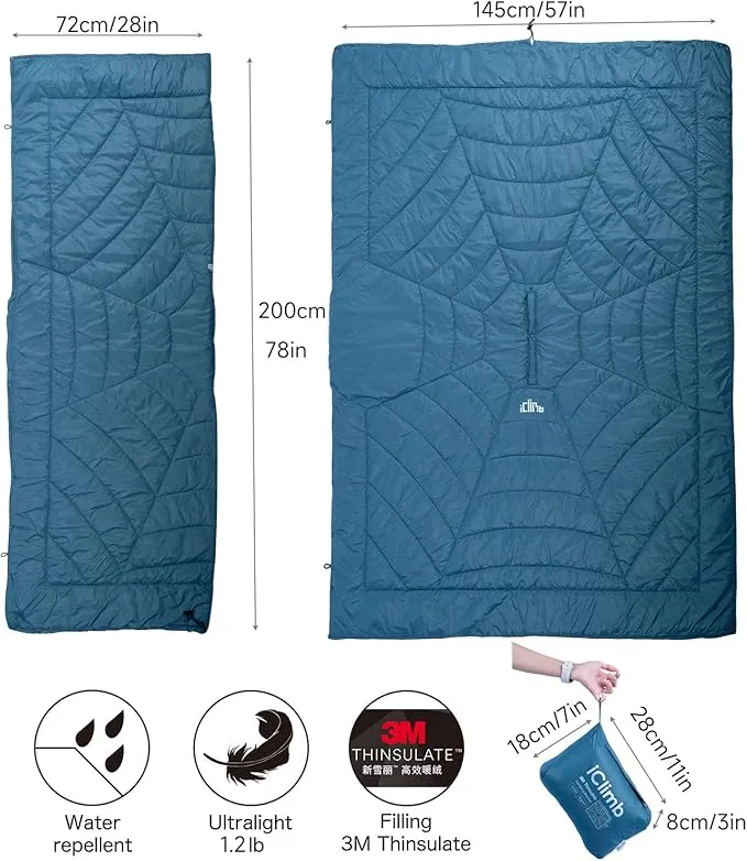 iClimb Hooded 3M Thinsulate Insulation Warm Camping Blanket Wearable Poncho Ultralight Compact (Blue)