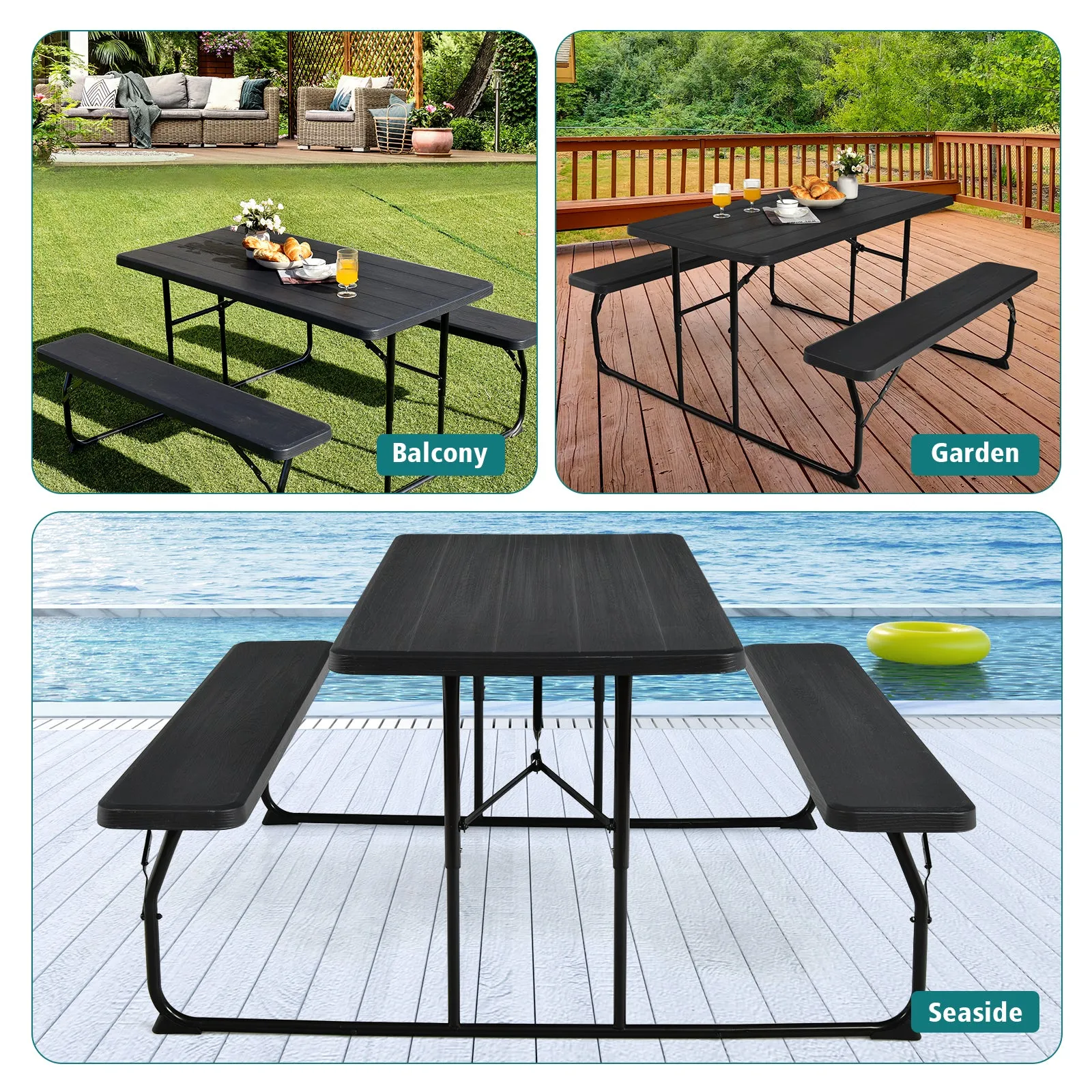 Indoor and Outdoor Folding Picnic Table Bench Set with Wood-like Texture-Black
