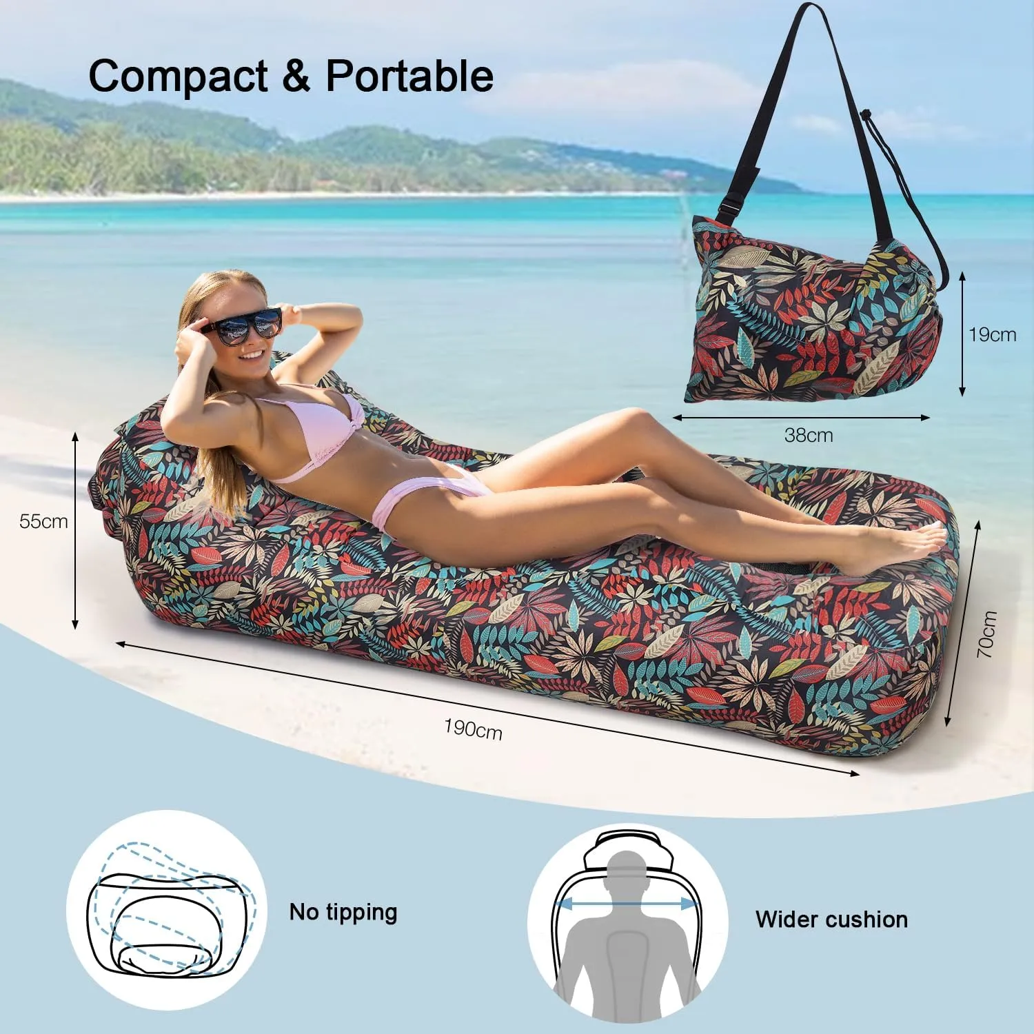 Inflatable Lounger, Ultralight Portable Ergonomic Beach Bed Air Sofa Couch Waterproof Anti-Air Leaking for Indoor Outdoor Hiking Camping Traveling, No Pump Required