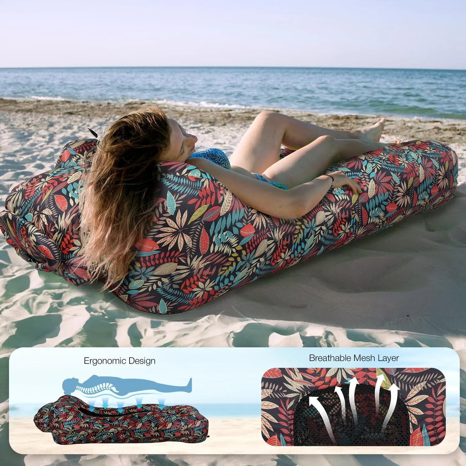 Inflatable Lounger, Ultralight Portable Ergonomic Beach Bed Air Sofa Couch Waterproof Anti-Air Leaking for Indoor Outdoor Hiking Camping Traveling, No Pump Required