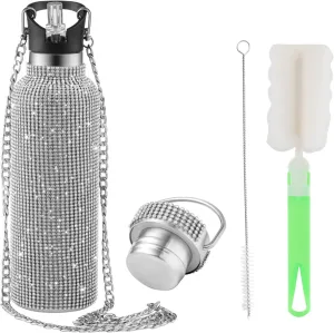INSTOME Bling Water Bottle Rhinestone,Diamond Water Bottle with Chain,Rhinestone Water Bottles with Lid for Women,Bling Tumblers with 2 Style lids (silver, 17oz)