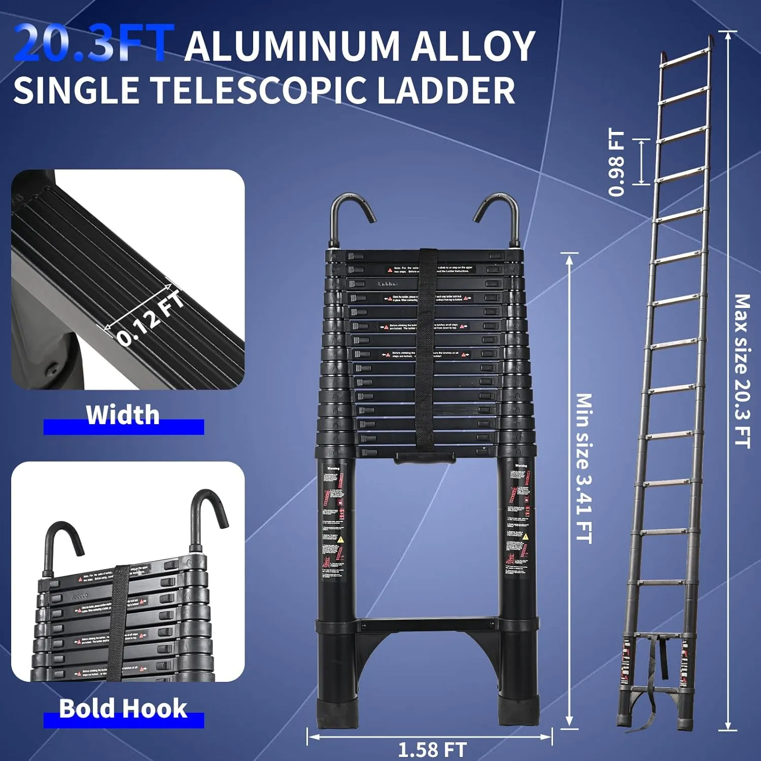 JADDUO 20.3 FT Telescopic Ladder, Aluminium Black Telescoping Ladder with Non-Slip Feet and Stable Hook, Portable Extension Ladder for Household and Outdoor Working, Heavy Duty 330 lbs Max Capacity