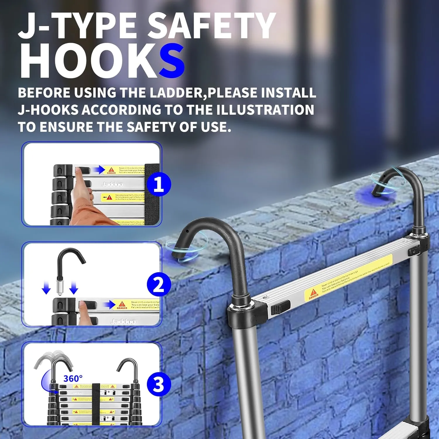 JADDUO 20.3 FT Telescopic Ladder, Aluminium Black Telescoping Ladder with Non-Slip Feet and Stable Hook, Portable Extension Ladder for Household and Outdoor Working, Heavy Duty 330 lbs Max Capacity