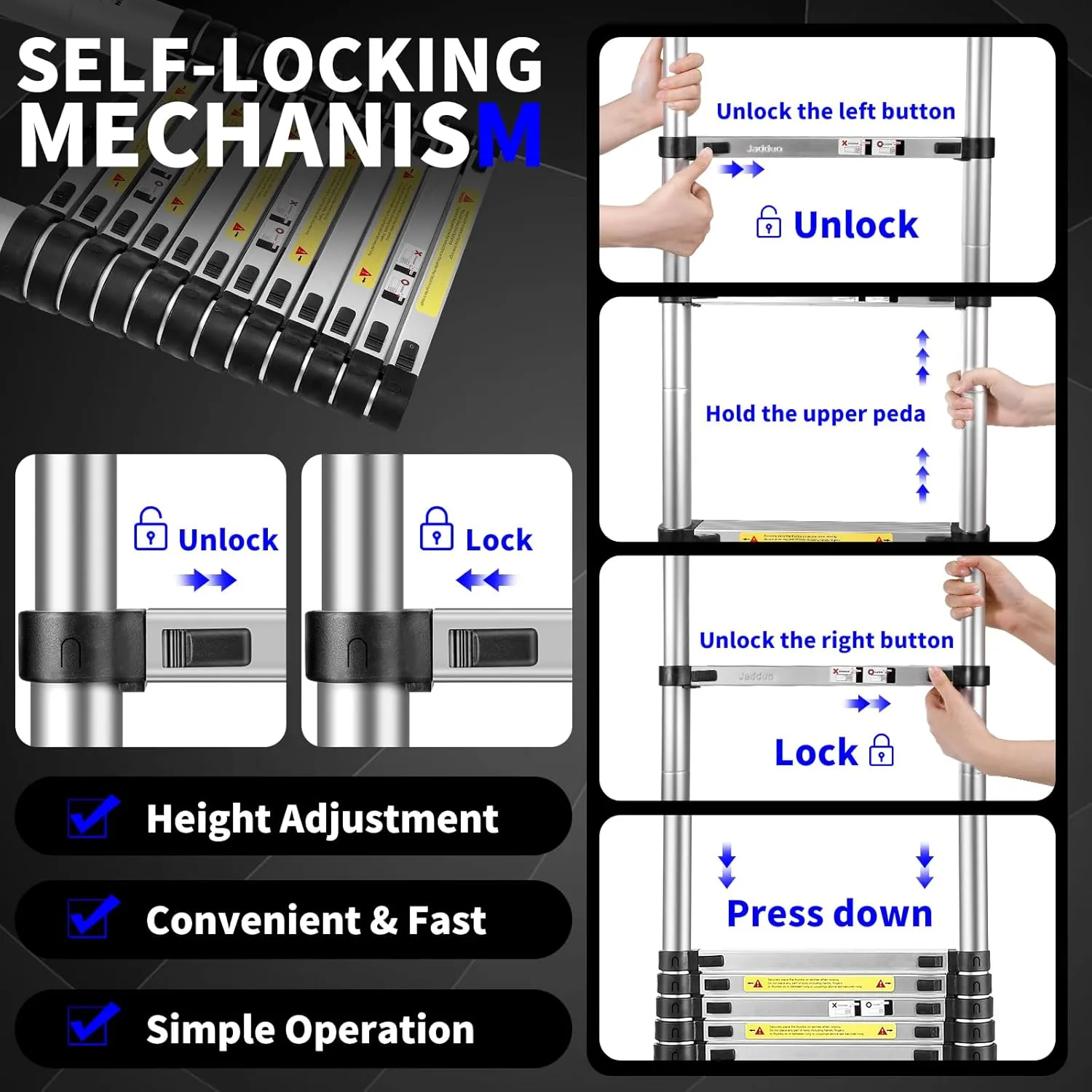 JADDUO 20.3 FT Telescopic Ladder, Aluminium Black Telescoping Ladder with Non-Slip Feet and Stable Hook, Portable Extension Ladder for Household and Outdoor Working, Heavy Duty 330 lbs Max Capacity