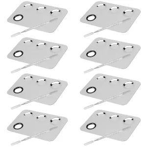 JAPCHET 8 PCS Mixing Makeup Palettes, 3-Well Makeup Palette Mixer Tray, Stainless Steel Cosmetic Palette with 8 PCS Spatula Tool, Multipurpose Makeup Applicators for Nail-Art, Cosmetic, Pigment