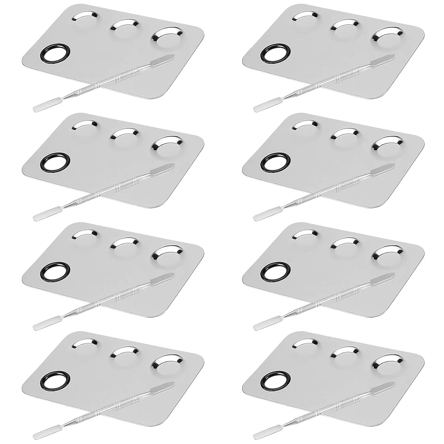 JAPCHET 8 PCS Mixing Makeup Palettes, 3-Well Makeup Palette Mixer Tray, Stainless Steel Cosmetic Palette with 8 PCS Spatula Tool, Multipurpose Makeup Applicators for Nail-Art, Cosmetic, Pigment