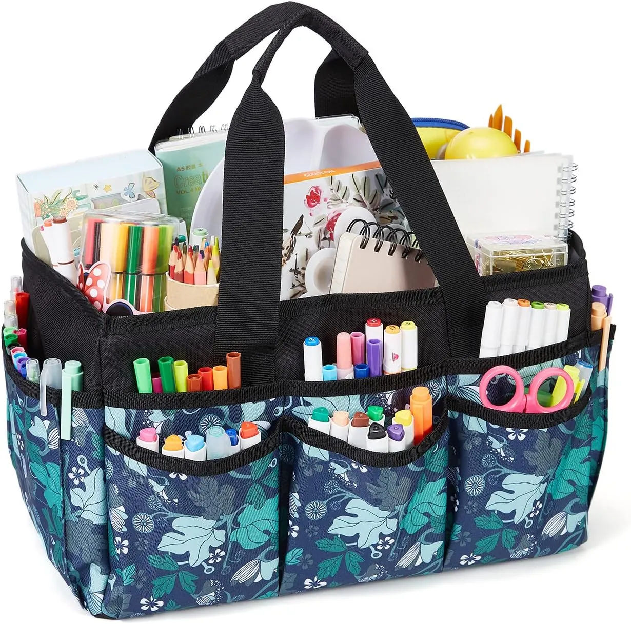 JOSIVIKY Craft Art Organizer Tote Bag, Cleaning Supply Caddy, Car Organizer for Tool Supplies, Carrying Bag with Handle for Multi-Purpose, Organizer Caddy for Pets (Green Floral)