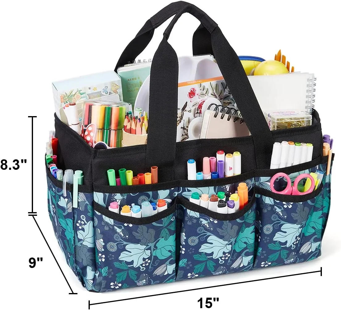 JOSIVIKY Craft Art Organizer Tote Bag, Cleaning Supply Caddy, Car Organizer for Tool Supplies, Carrying Bag with Handle for Multi-Purpose, Organizer Caddy for Pets (Green Floral)
