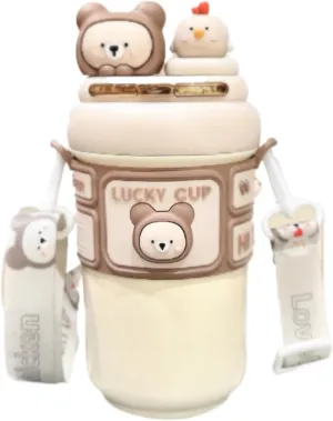 Kawaii Water Bottle,19oz Stainless Steel Insulation Bottle with Straw & Adjustable Strap,Cute Rabbit Leak-Proof Water Jug for Girls Sports Camping Travel