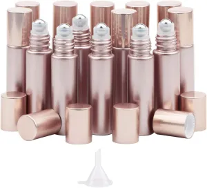 Kesell 14 Pack 10ml Matte Rose Gold Essential Oil Roller Bottles with Stainless Steel Balls for Perfume Aromatherapy Oils 1 Funnels