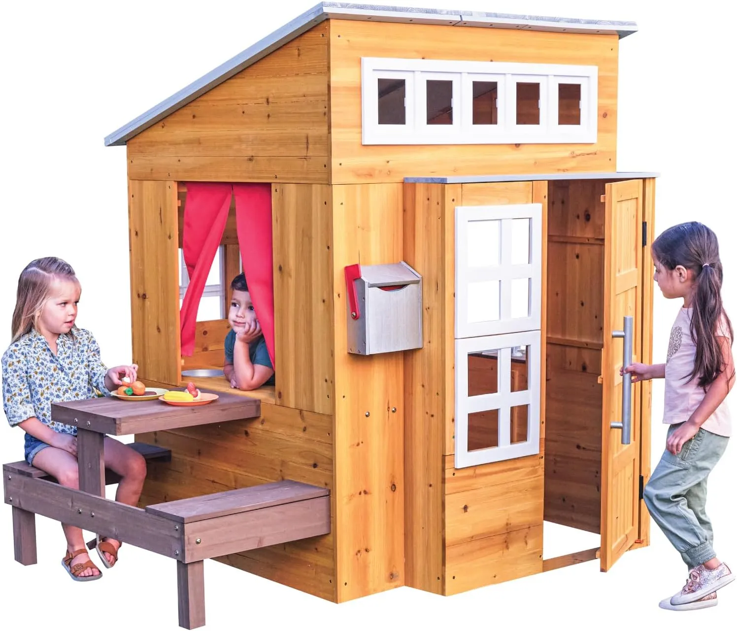 KidKraft Modern Outdoor Wooden Playhouse with Picnic Table, Mailbox and Outdoor Grill ,Gift for Ages 3 