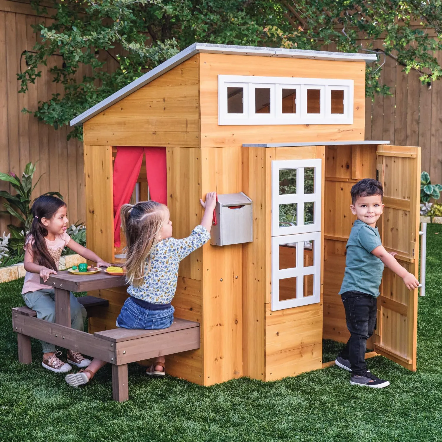 KidKraft Modern Outdoor Wooden Playhouse with Picnic Table, Mailbox and Outdoor Grill ,Gift for Ages 3 