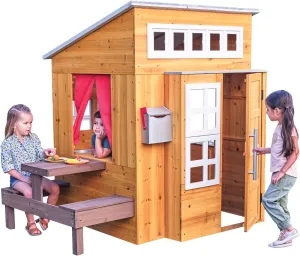 KidKraft Modern Outdoor Wooden Playhouse with Picnic Table, Mailbox and Outdoor Grill ,Gift for Ages 3 