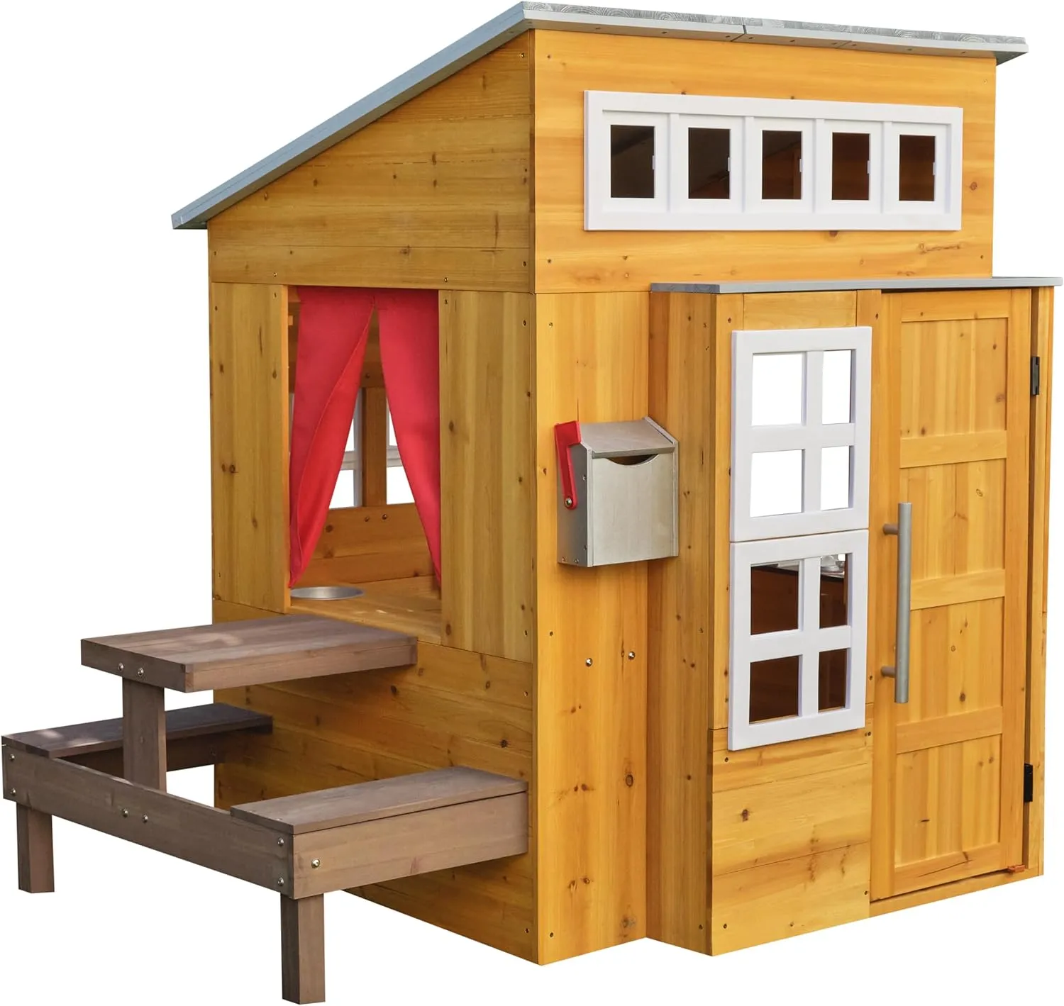 KidKraft Modern Outdoor Wooden Playhouse with Picnic Table, Mailbox and Outdoor Grill ,Gift for Ages 3 