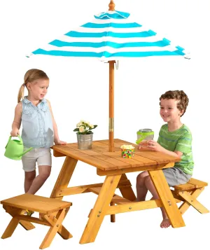 KidKraft Outdoor Wooden Table & Bench Set with Striped Umbrella, Children's Backyard Furniture, Turquoise and White