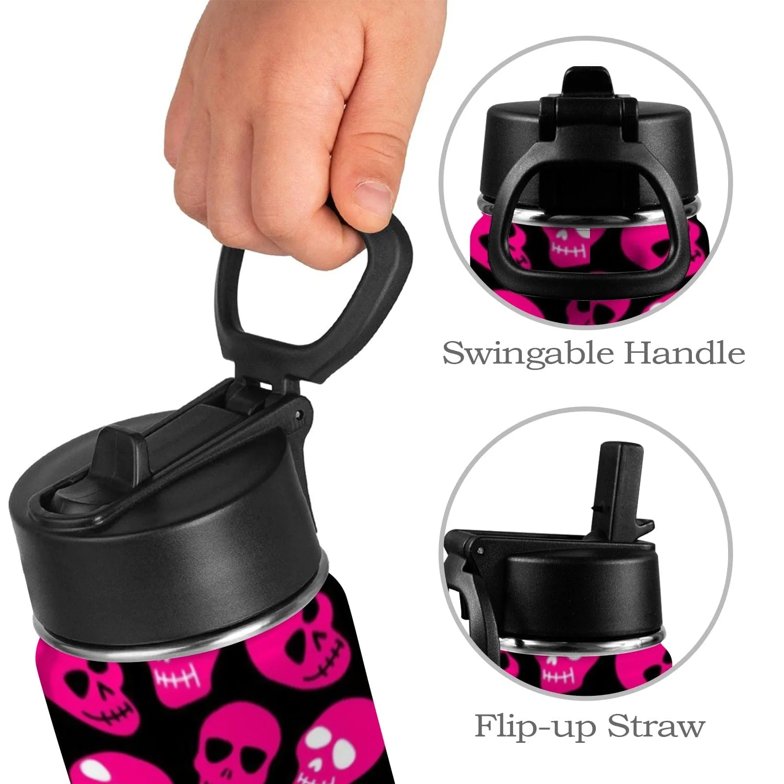 Kids Bright Pink Skull Pattern Water Bottle With Straw & Lid 12 oz