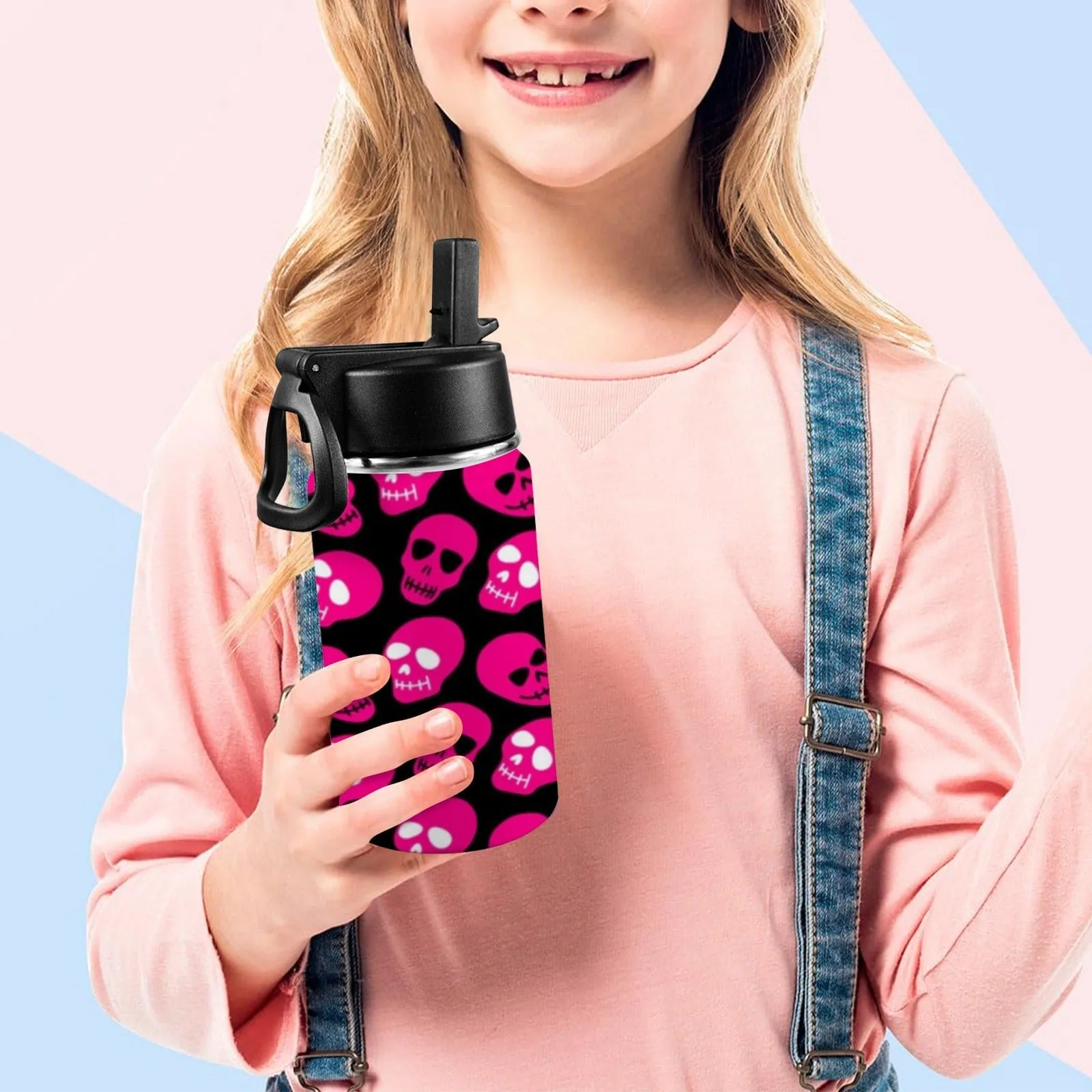 Kids Bright Pink Skull Pattern Water Bottle With Straw & Lid 12 oz