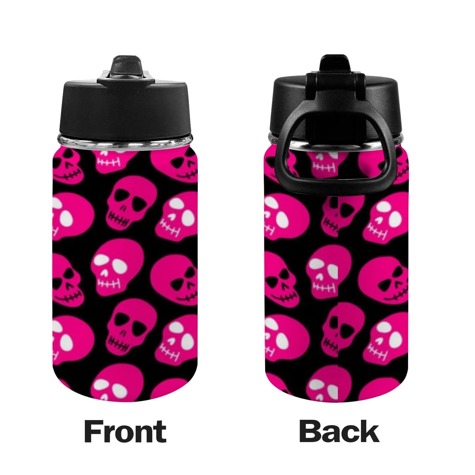 Kids Bright Pink Skull Pattern Water Bottle With Straw & Lid 12 oz