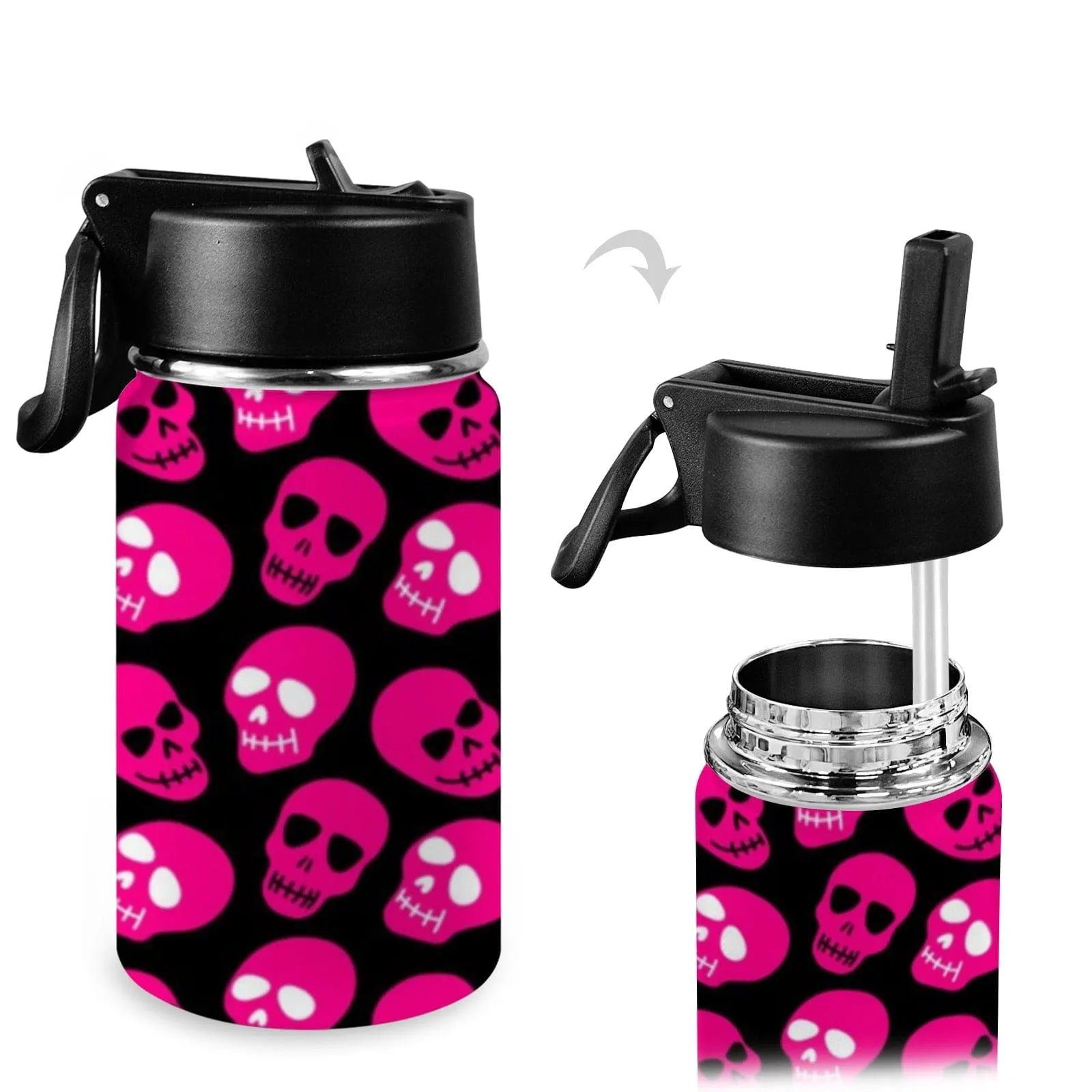 Kids Bright Pink Skull Pattern Water Bottle With Straw & Lid 12 oz